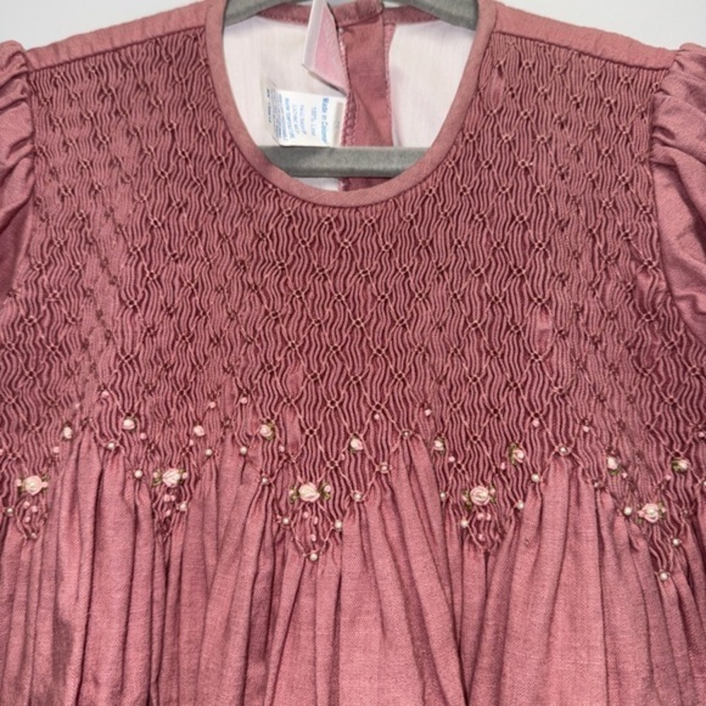 Vtg Smocked Dress Girls Sz 3T Heirloom Will' Beth Pearls Pink Full length Linen - Picture 4 of 6
